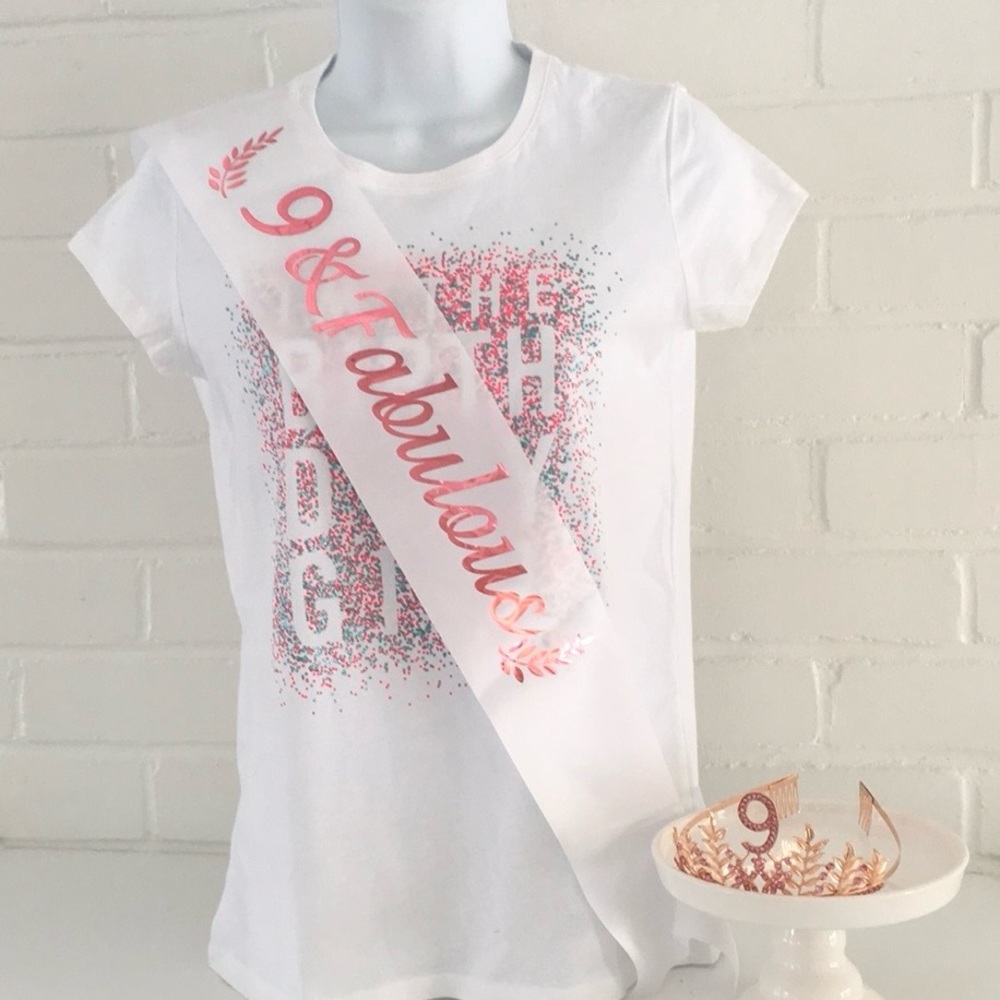New With Tags. Girls Birthday Glitter T-Shirt/Sash/Crown. 9th Birthday Outfit.